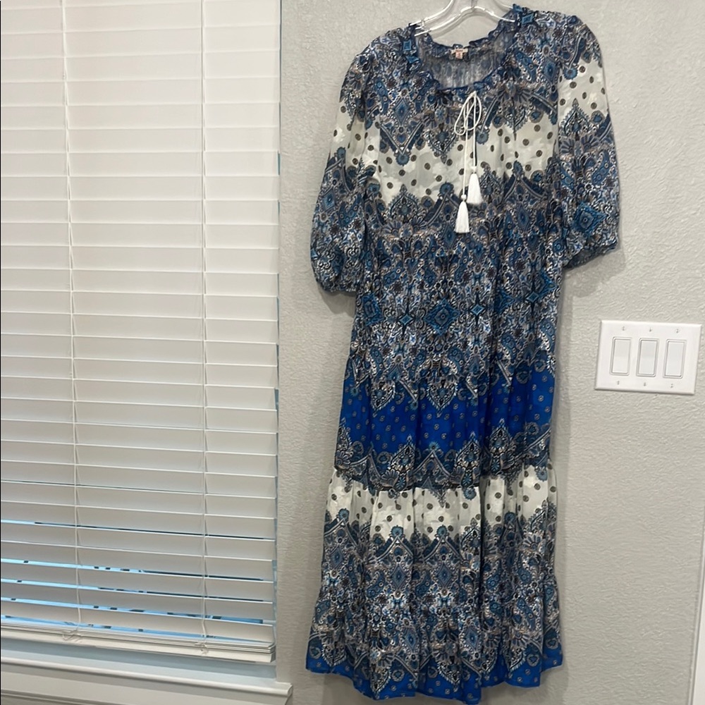 Reba Blue and White Long Sleeve Dress